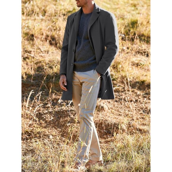 💫 Men Grey Long Trench Coat Slim Fit Single Breasted Winter Warm Cotton Jacket - Picture 4 of 4